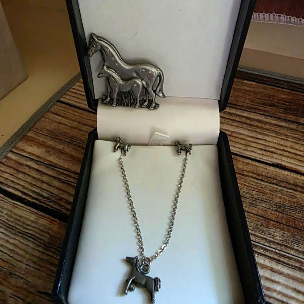 Vintage Torino Pewter Horse Necklace Brooch and Earrings